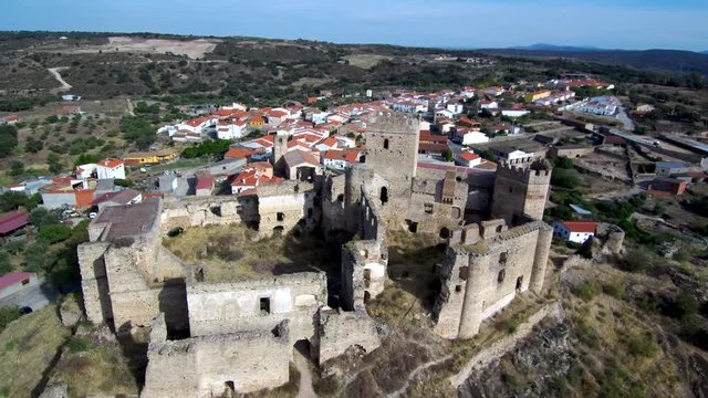 Aerial view in spanish castle of  Belvis de Monroy. Extremadura. Spain. 4k Drone Video