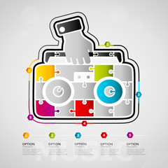 Five options Music timeline infographic design with stereo icon made out of jigsaw pieces