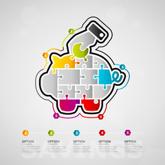 Five options Savings timeline infographic design with piggy bank icon made out of jigsaw pieces