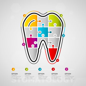 Five options Stomatology timeline infographic design with tooth icon made out of jigsaw pieces