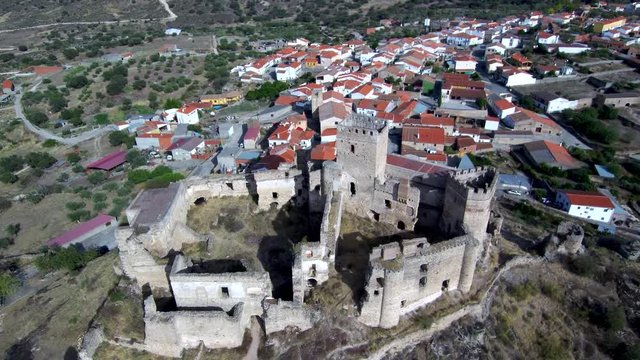 Aerial view in spanish castle of  Belvis de Monroy. Extremadura. Spain. 4k Drone Video