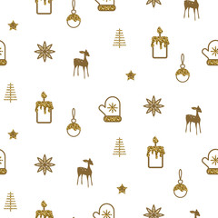 Gold and white new year simple icon vector holiday pattern. Candle, deer, glove, balls and stars festive background for wrap paper.