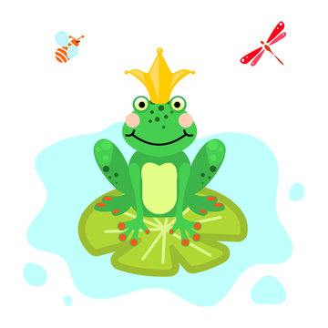 Frog prince cartoon green clip-art isolated vector. Pond life illustration.