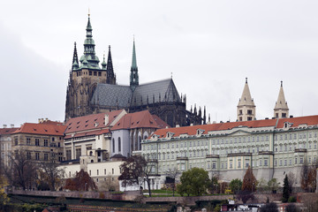 View on the autumn Prague gothic Castle above River Vltava, Czech Republic