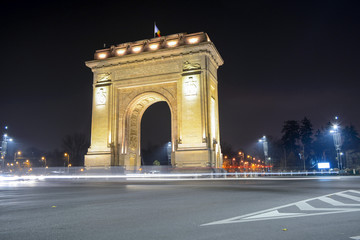 The Arc of Triumf in Bucharest, Romania, seen at night 