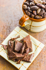 Dark chocolate and cocoa beans.