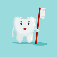Cute Tooth hold toothbrush. Dental care concept. Flat design illustration. Can be use for banners, websites, etc.