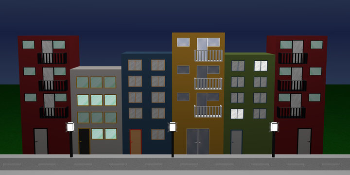 Häuserfront mit bunten Häusern, erleuchteten Fenstern, Straßenlaternen und Straße bei Nacht.