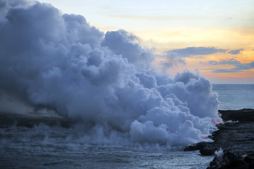 Fototapeta na wymiar Hawaii Big Island Volcano Waterfalls Sunset Landscape Smoke Lava Background Wallpaper