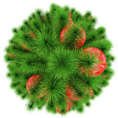Christmas tree - top view - decorated with red Christmas balls - isolated on white