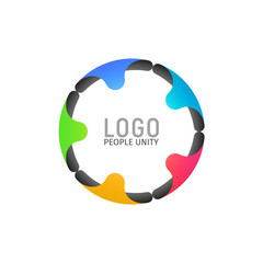 Tight ring of people isolated logotype. Five people holding hands formed a circle logo on light background. Vector illustration