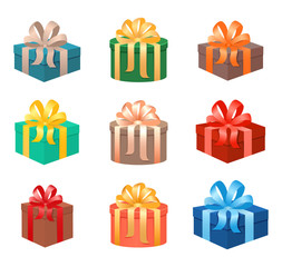 Set of christmas gifts boxes in holiday packages with bowknots. Christmas holiday presents realistic design.