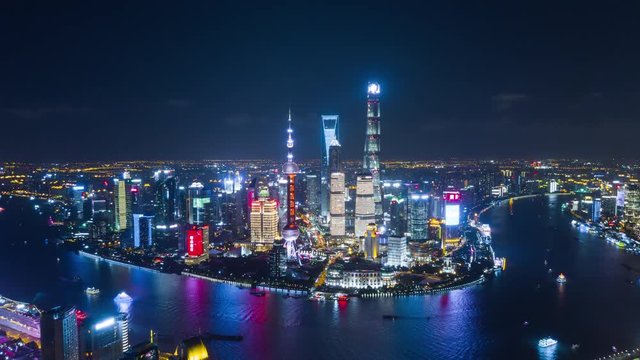 night illuminated famous shanghai pudong cityscape aerial panorama 4k china
