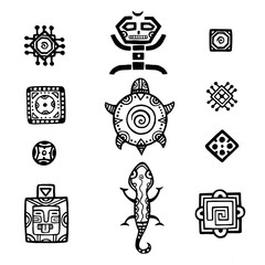 Ancient mexican vector mythology symbols. american aztec, mayan culture native totem patterns. Aztec and mexican tattoo, illustration of mayan symbol tattoo. For your design.