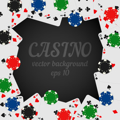 Casino chips and playing cards vector dark background with place for your text.