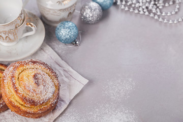 Buns with Christmas or New Year holiday decoration.