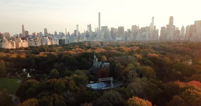New York panorama from Central park at sunset aerial view