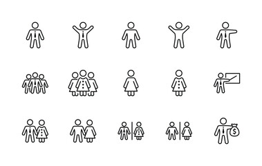 Set of people vector line icons. It contains the symbols of a man, a woman, a family, a toilet, a businessman, a teacher, and much more. Editable move. 32x32 pixels.