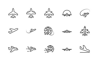 Set of plane vector line icon. It contains symbols to aircraft, globe and more. Editable move. 32x32 pixels. - obrazy, fototapety, plakaty