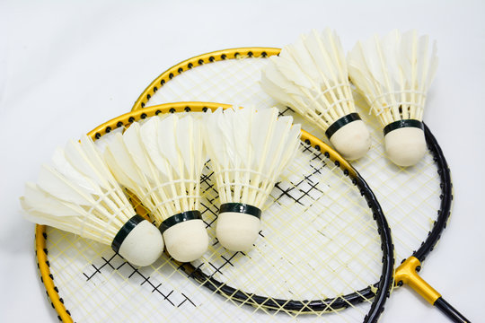 Batminton and racket on the floor white background