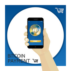 Bitcoin payment by smartphone. Hand holding phone. Vector.
