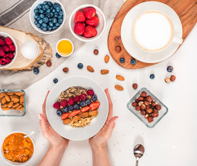 Good morning, healthy breakfast with text space top view