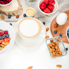 Good morning, healthy breakfast with text space top view