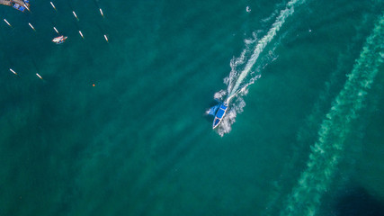 Aerial view of speed boat in the sea