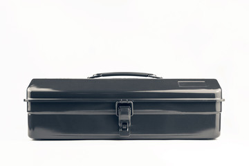 Classic black metal toolbox with a hinged lid from the front against a white background.