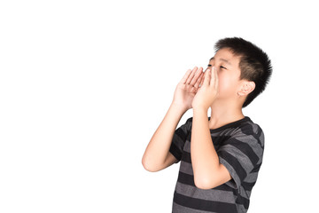 Asian child yelling, screaming, shouting, hand on mouth, isolated on white background.