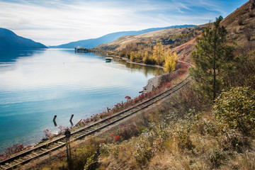 View of okanagan lake british columbia railway