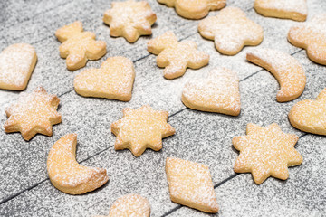 Christmas different shaped cookies with sugar powder on wooden table