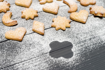 Christmas different shaped cookies with sugar powder on dark wooden table