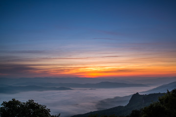 Fototapeta na wymiar Dawn of Sea Mist on the top of Sierra, Doi Samer-Dao, Nan, Northern of Thailand