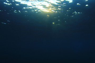 Fototapeta na wymiar Underwater blue background and sunlight
