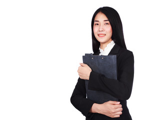 smiling business woman in suit holding a clipboard isolated on white background