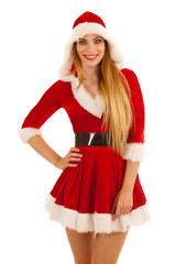 Beautiful young woman in santa claus dress isolated over white background