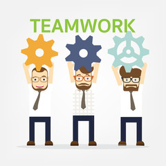 Business man hold gear ,Work together with gear system. Teamwork concept. Vector illustration.
