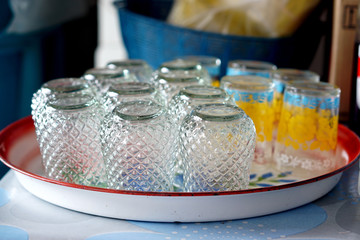 Glass of water upside down on a tray