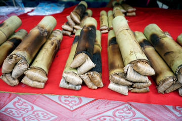 Glutinous rice (from sticky rice) roasted in bamboo cylinder, traditional Thai dessert