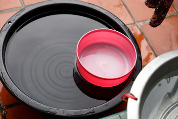 Pink water bowl float on water in plastic black basin