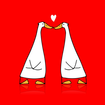 Funny goose couple, sketch for your design