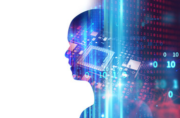 silhouette of virtual human on abstract technology 3d illustration