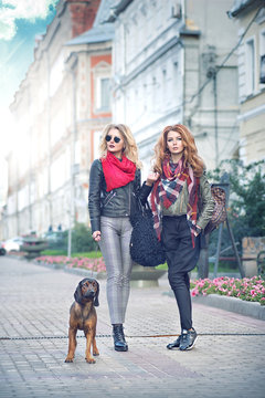Two stylish girls a redhead and a blond standing on the street with a dog on a leash breed Bavarian hound