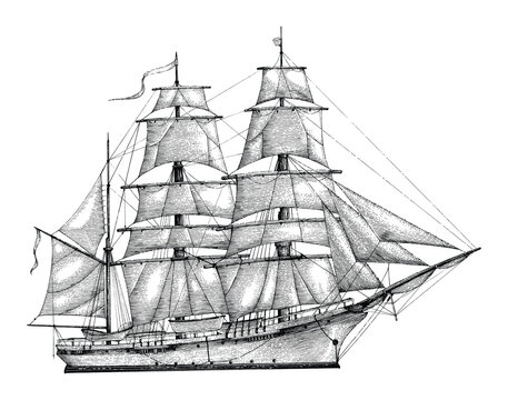 Barque hand drawing engraving style,Vintage barque isolate