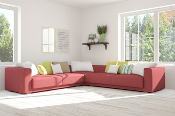 Fototapeta premium Idea of white room with sofa and summer landscape in window. Scandinavian interior design. 3D illustration