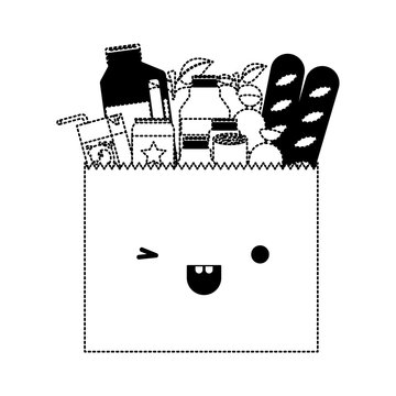 kawaii paper bag with market of food and drinks in black dotted silhouette
