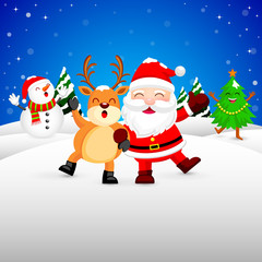 Funny Christmas Characters design on snow, Santa Claus, Snowman, Xmas tree and Reindeer. Merry Christmas and Happy new year concept. Illustration isolated on blue background.