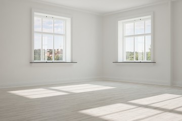 White empty room with summer landscape in window. Scandinavian interior design. 3D illustration