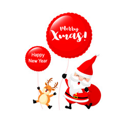 Santa Claus and reindeer holding balloon. Merry Christmas and happy new year concept. Illustration isolated on white background.